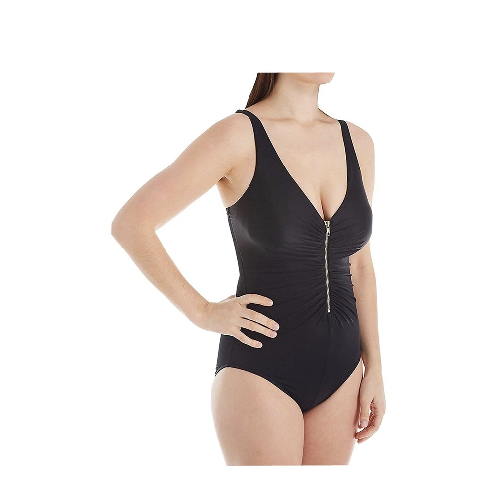 Nwt Trimshaper Women's Black‎ Solid Zipper Front One Piece Swimsuit size 16
